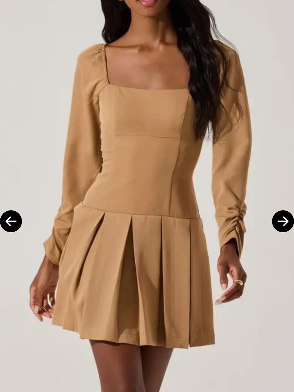 Astr Tan Square-Neck Long Sleeve Pleated Smocked Mini Dress NWT!
